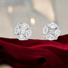 2 Cts F/VS1 Princess Marquise Cut Natural Diamonds Stud Earrings 14K White Gold