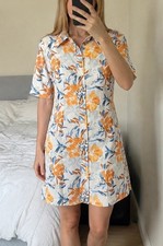 Mango Women’s White Blue Yellow Florals Buttoned Short shirt Dress - Size S