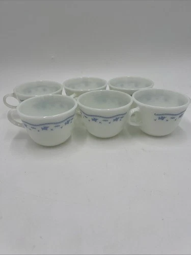 Pyrex Vintage Morning Blue Flower White Milk Glass Mugs/Cups Coffee Set of 6