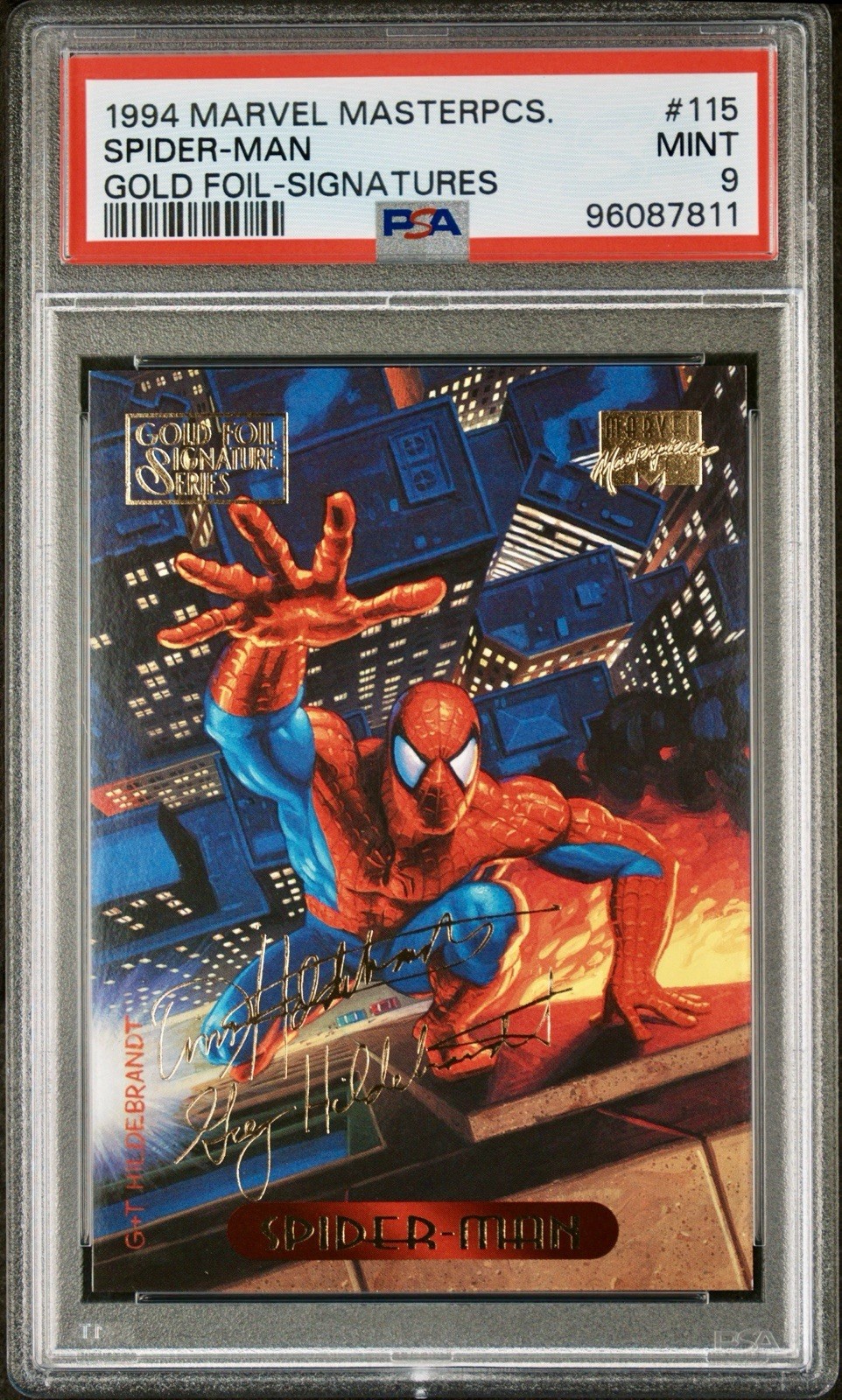 1994 Marvel Masterpieces #115 Spider-Man Gold Foil Signatures PSA 9 Hildebrandt