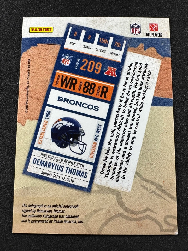 2010 Panini Rookie Ticket DEMARYIUS THOMAS Rookie Auto On Card Auto BRONCOS RIP - Image 2 of 2