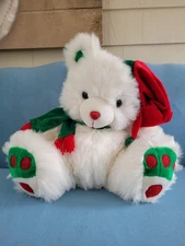 Chubby Christmas Bear Plush White w/ Hat Scarf 16" PBC International
