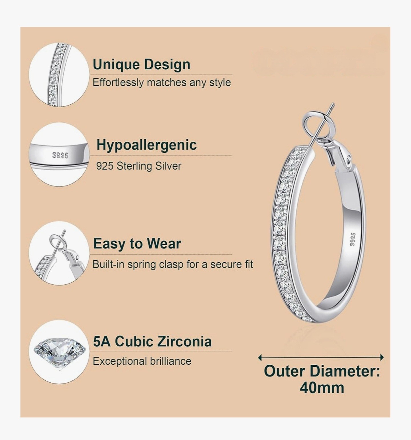 Aretes Plata De Ley 925 Pendientes Joyeria Fina de Moda Para Mujer 40mm