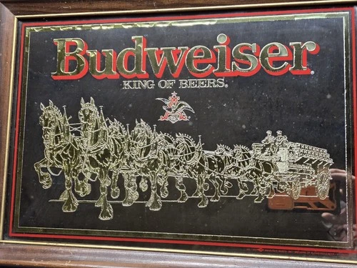 Vintage Budweiser King of Beers Clydesdale Etched Glass Bar Mirror Sign 21”x15”