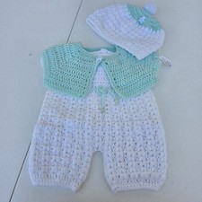 Hand Crocheted Baby Outfit 0-3 Months Romper, Cardigan, Hat Mint Green White