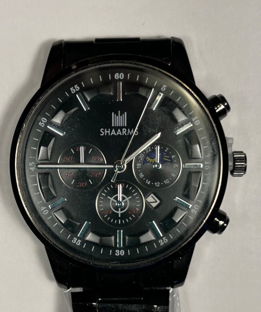 Shaarms Men's Watch Black Metal Multi Dial Date New In Plastic New