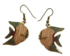 Vintage Cloisonne Fish Shaped Dangle Earrings Pink Green Hanging for Pierced Ear