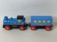 Lot Of 2 Brio Trains Wooden Blue Locomotive Car Magnetic Read Description
