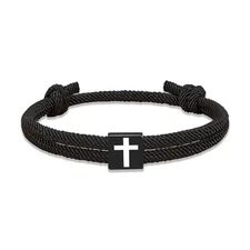 Adjustable Braided Rope Cross Bracelet for Men Boys Baptism Christian Birthday V