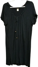 Tropical Escape 1X black ruched trim tie knot stretch short sleeve tunic top