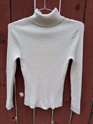 Jeanne Pierre Turtleneck Sweater Soft Cable Knit Ivory Cream Womans Small Cotton