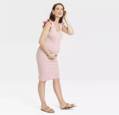 slim fit dress slacks Shoulder Ruffle Sleeves Fitted Maxi Maternity Dress main image 0