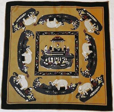 SCARF VINTAGE AUTHENTIC CODELLO EASTERN ART ELEPHANTS MUSTARD SILK 35'' SQUARE