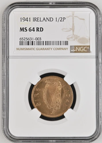 IRELAND 1941 1/2 PENNY NGC MS64 RD RARE KEY DATE NGC ONLY 1 & NONE FINER-TOP POP