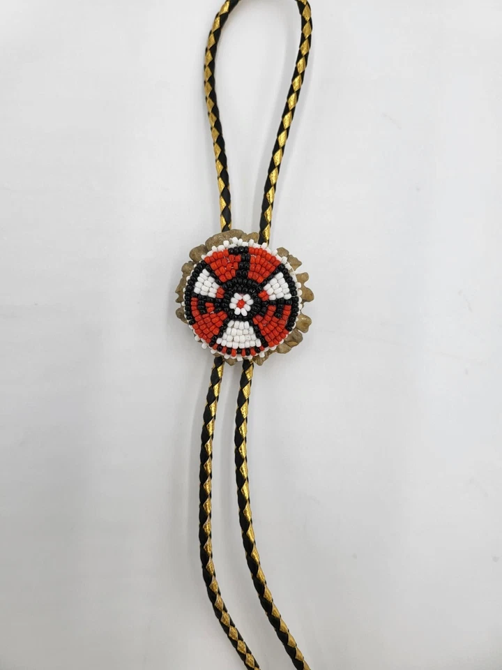 Vintage BOLO TIE BEADED WOOD ROUND Red/White/Black- Gold/Black Cord, wood tips - Image 2 of 4