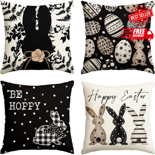 Happy Easter Be Hoppy Rabbit Easter Eggs Black Throw Pillow Covers, 18 X 18 Inch