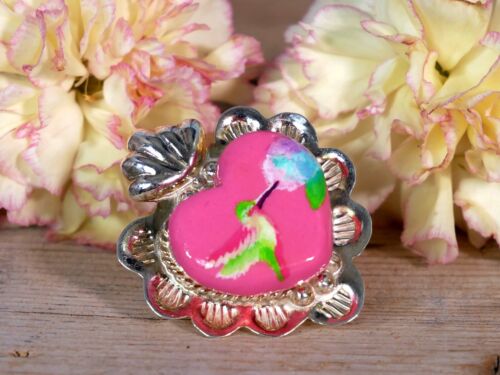 Hummingbird Heart Ring Handmade Polymer & Alpaca Adjustable Sz Mexican Folk Art - Picture 9 of 9