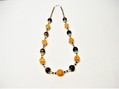Chunky Bicone Shape Orange Luster w/Black Orange Swirl Glass Bead Neck/Brace/Ear - Picture 3 of 10