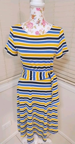review yellow and blue striped Ponte Stretch Belted Dress Size 8 Comfort - Picture 8 of 8