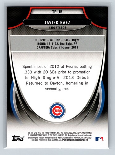 JAVIER BAEZ TOP PROSPECTS 2013 BOWMAN PLATINUM CUBS - Foto 2 di 2