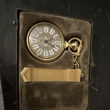 Gold Tone Quartz Pocket Watch White Roman Dial Open Face Chain w/ Box