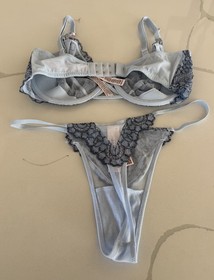 Victoria&rsquo;s Secret DA Bra & Panty Set Blue Embroidery Mesh & Lace 34DD/Medium NWT