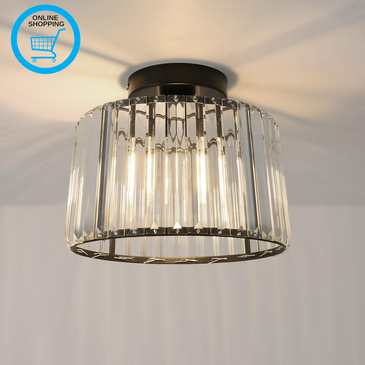 Modern Crystal Ceiling Light Chandelier, 27Cm Metal Cage Lampshade, E27 Socket,