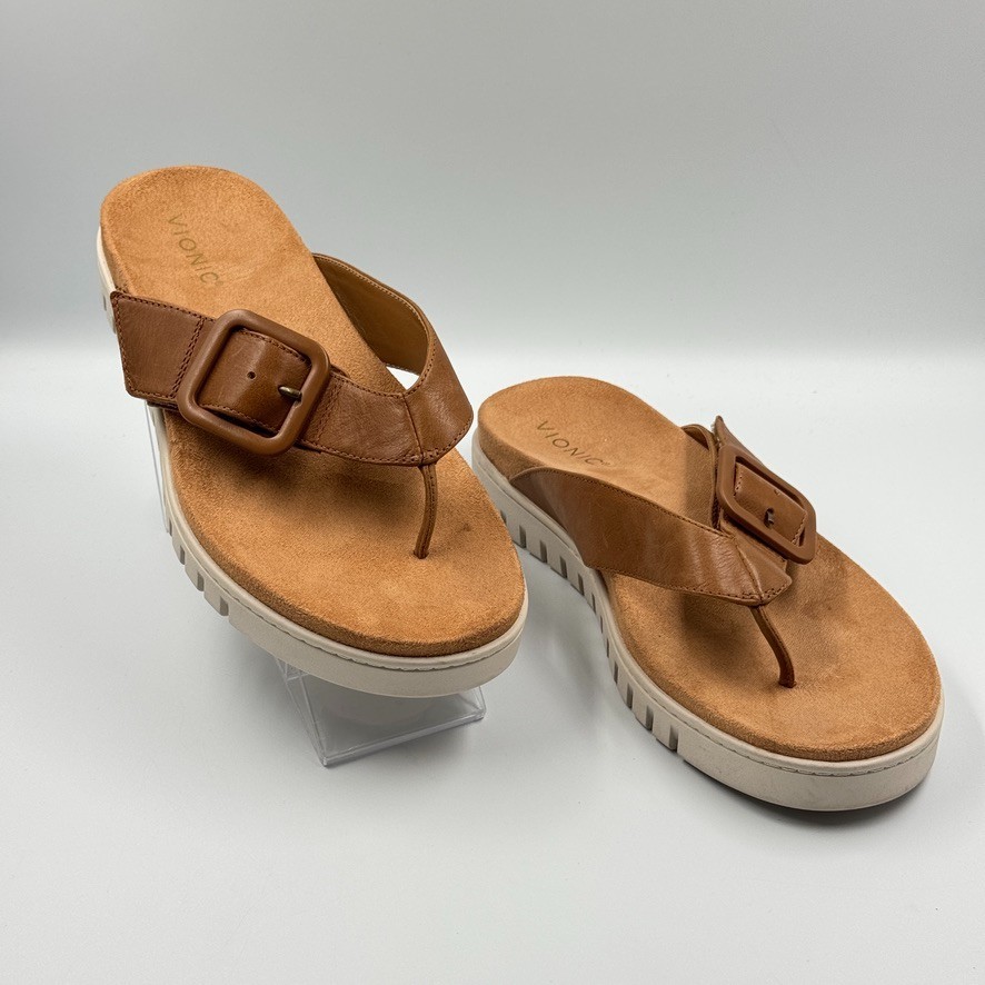 Vionic Womens 10 Tan Uptown Marin Thong Sandal Leather Buckle Orthotic Comfort View 3