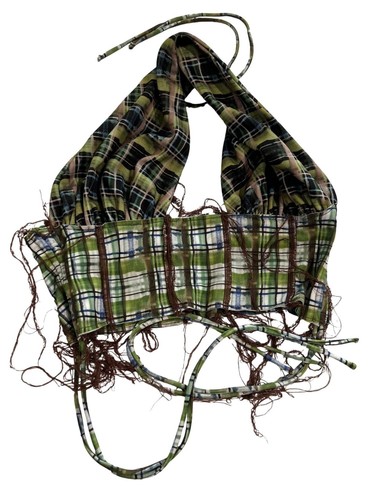 Danielle Guizio Plaid Cut-Out Ditreed Halterneck Top in Green