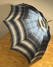 50's HJ Blue/Gray Plaid Parasol Umbrella Wood/Metal Handle MCM Retro 36