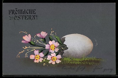 Postcard Flowers Growing From An Easter Egg, Easter Greeting 