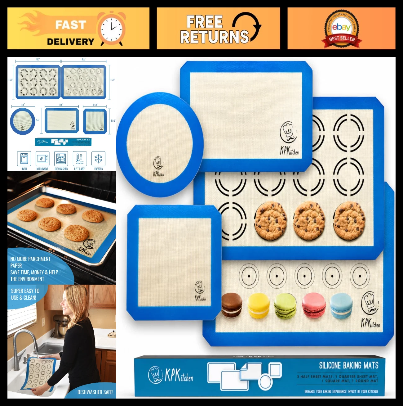 Silicone Baking Mat Set of 5 - Nonstick, Easy Clean, Macaron & Cookie Circles, R