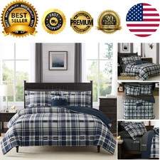 Luxurious Navy Blue Plaid Queen Comforter Set - Complete 7-Piece Bedding Set