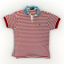 Vintage 90s Polo Ralph Lauren Denim Collar Shirt M Red White Stripe Made In USA