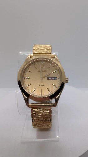 Vintage Seiko Solar Men's Watch Gold Tone Day Date Japan V158-0AB0