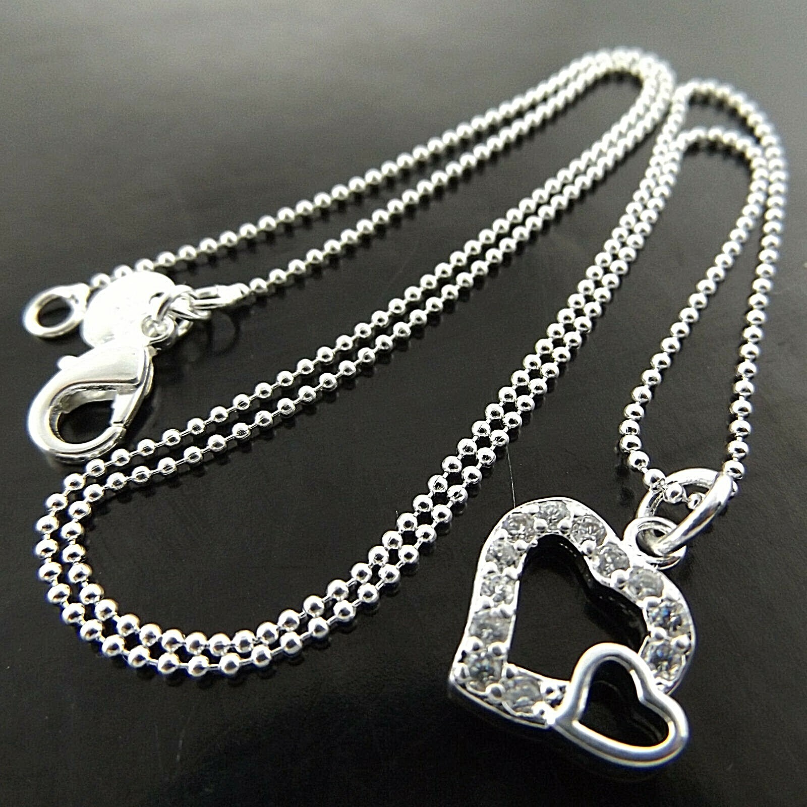 Diamond Simulated 925 Sterling Silver Heart Bead Link Necklace