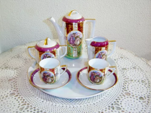 Vintage 10 Piece German Demitasse Portrait Coffee Service/Set Pearl Finish