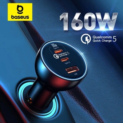 Baseus 160W Car Charger USB Type C QC 5.0 Fast Charging For iPhone 15 14 13 Pro