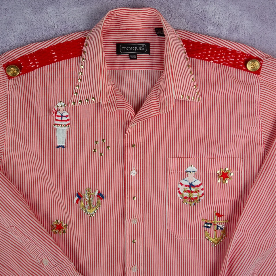 Camisa con botones adornada Marquis para hombre talla 15,5 33-34 a rayas roja blanca Foto 2 de 4