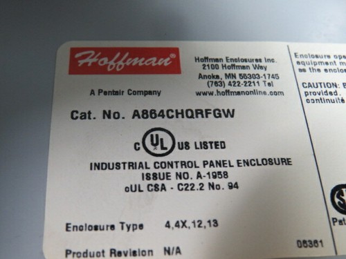Hoffman A864CHQRFGW Enclosure 8x6x4" USED - 第 3/3 張圖片