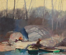 ROY MARTELL MASON - Camping at Waters Edge - 13x19 Art Print Fly Fishing Trout 