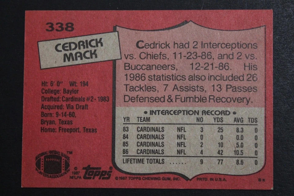 Cedrick Mack St Louis Cardinals Signed 1987 Topps #338 Autographed Football Card - Image 2 of 3