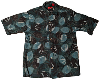 IZOD GOLF Men Medium Black Silk Bamboo Rayon LEAVES AOP Button Shirt