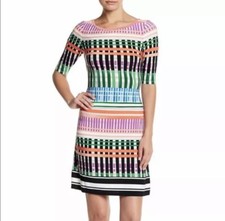 Eliza J Shift Dress Womens 4 Short Sleeve Jersey Multicolor Geometric Artsy