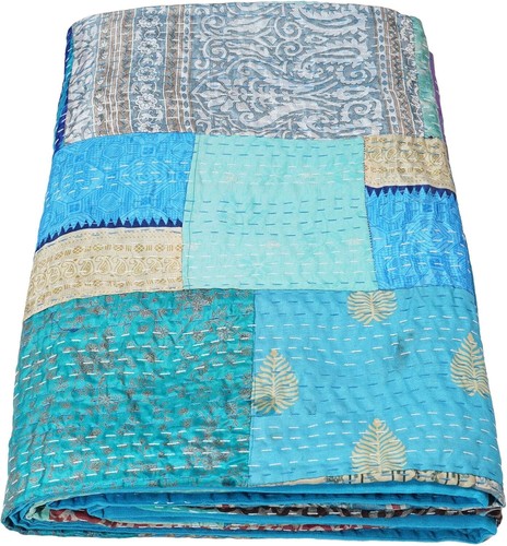 Handmade Vintage Silk Patchwork Kantha Quilt Indian Sari Silk Patola Throw - Picture 25 of 62