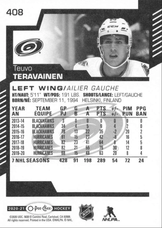 2020-21 O-Pee-Chee Teuvo Teravainen Carolina Hurricanes #408 - Image 2 of 2