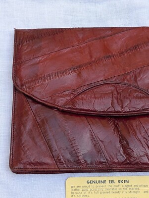 VINTAGE BURGUNDY RED GENUINE EEL SKIN CLUTCH PURSE THREE  VTG Eel Skin Clutch Bag Handbag Burgundy Red Brown main image 0