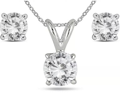 Set aus 6 kt rundgeschliffenen Moissanit-Solitärhalskette & Ohrstecker 14 K Weißgold