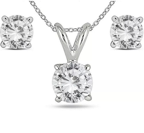 6 Ct Round Cut Moissanite Solitaire Necklace & Studs Earrings Set 14K White Gold