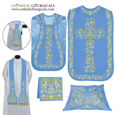 MARIAN BLUE Roman Chasuble Fiddleback Vestment & 5 piece mass set AM embroidery